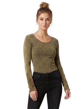 Y2K Studded Long Sleeve Top L Yellow Brown Crochet Cuffs Boho Grunge Acid Wash